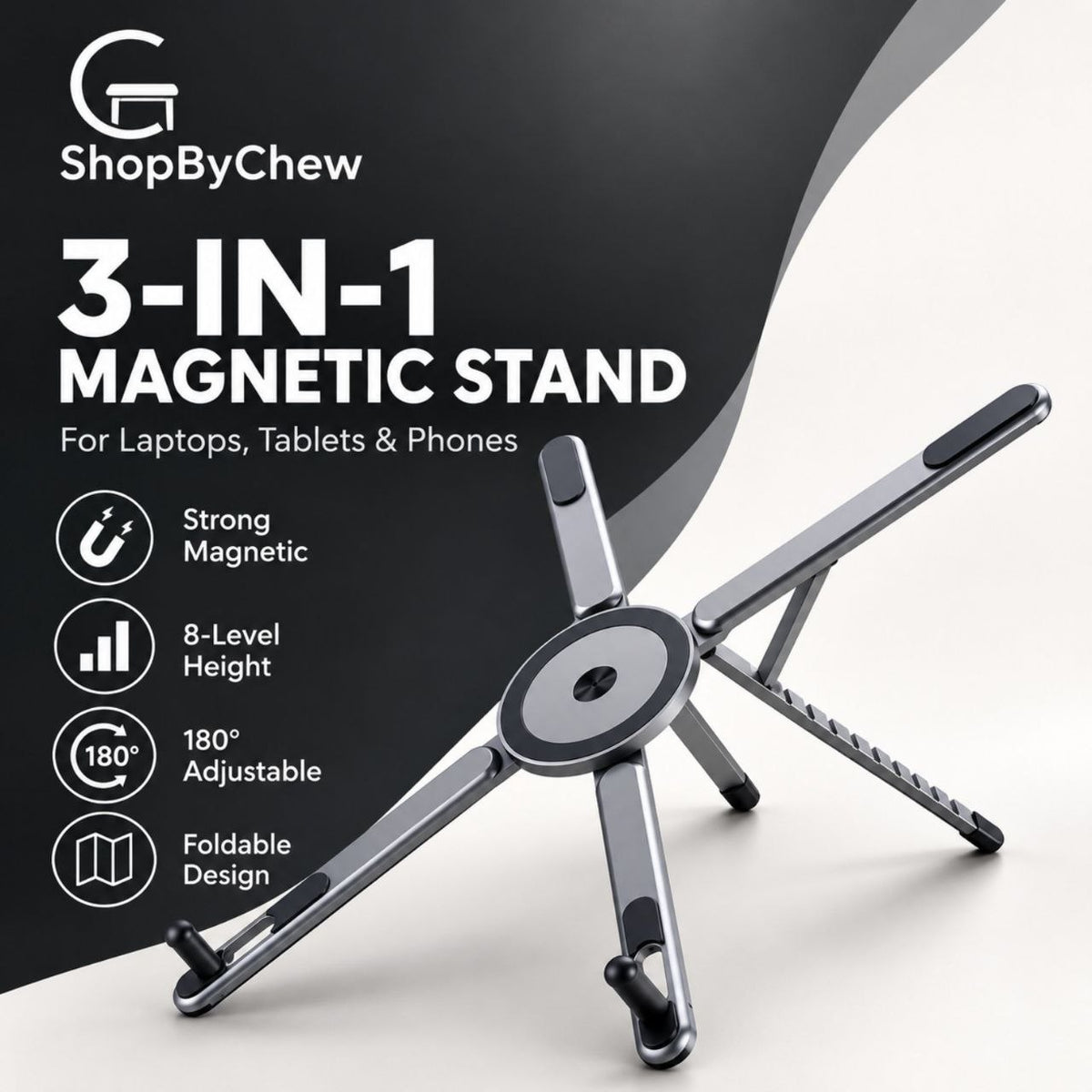 Portable 3-in-1 Magnetic Adjustable Foldable Aluminum Alloy Stand for Laptops, Tablets & Phones