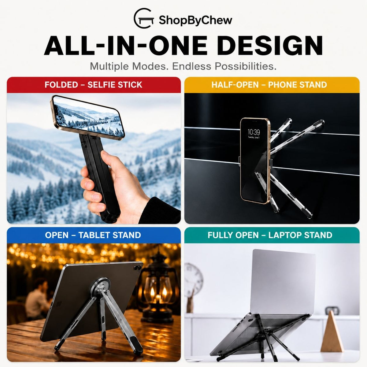 Portable 3-in-1 Magnetic Adjustable Foldable Aluminum Alloy Stand for Laptops, Tablets & Phones
